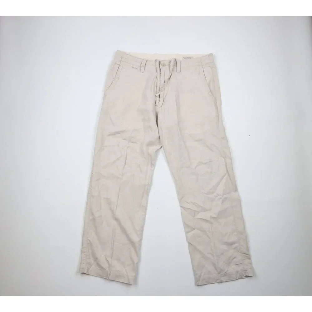 Vintage Banana Republic Mens 34x30 Linen Wide Leg Chino Pants Trousers Beige